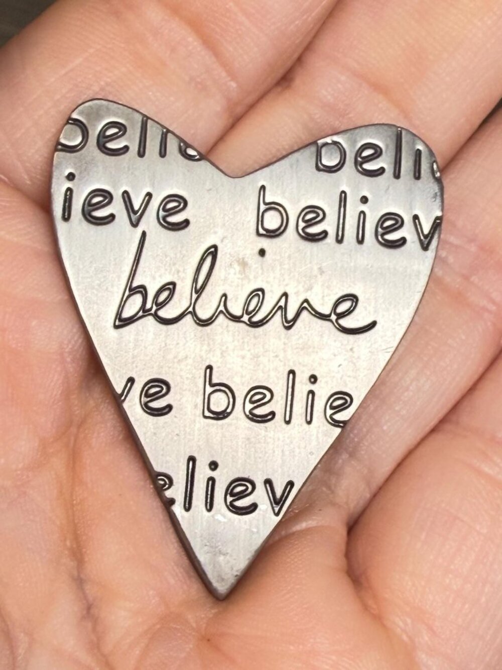 Sandra Magsamen Vintage Believe Heart Brooch Inspirational Word Pin